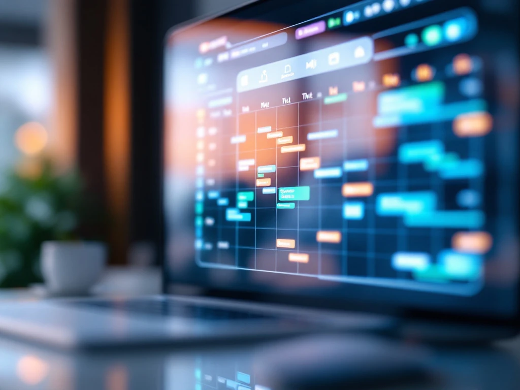 Lähikuva nykyaikaisesta terveydenhuollon aikataulutusnäytöstä, korostaen värikoodattuja vuoroja ja digitaalista kalenteria.